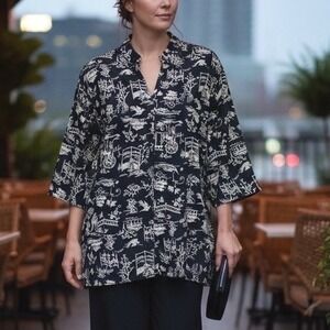 Sag Harbor Woman Black Tan Asian Scene Print Button Front Blouse Top 2X